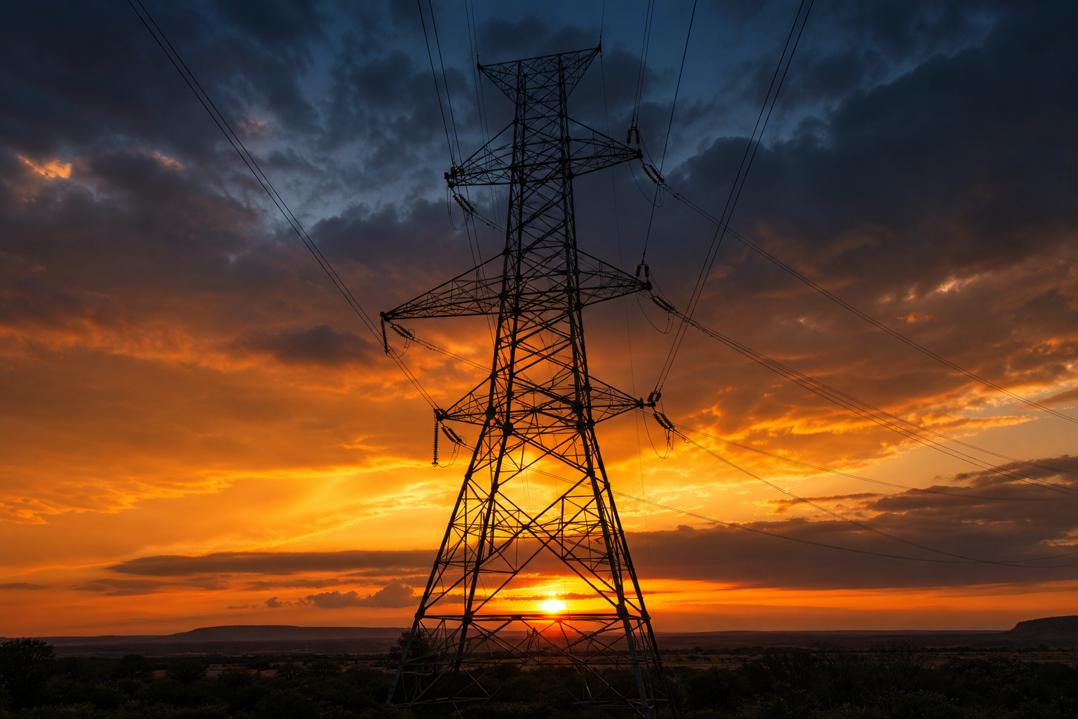 High-voltage transmission tower against a dramatic Texas sunset