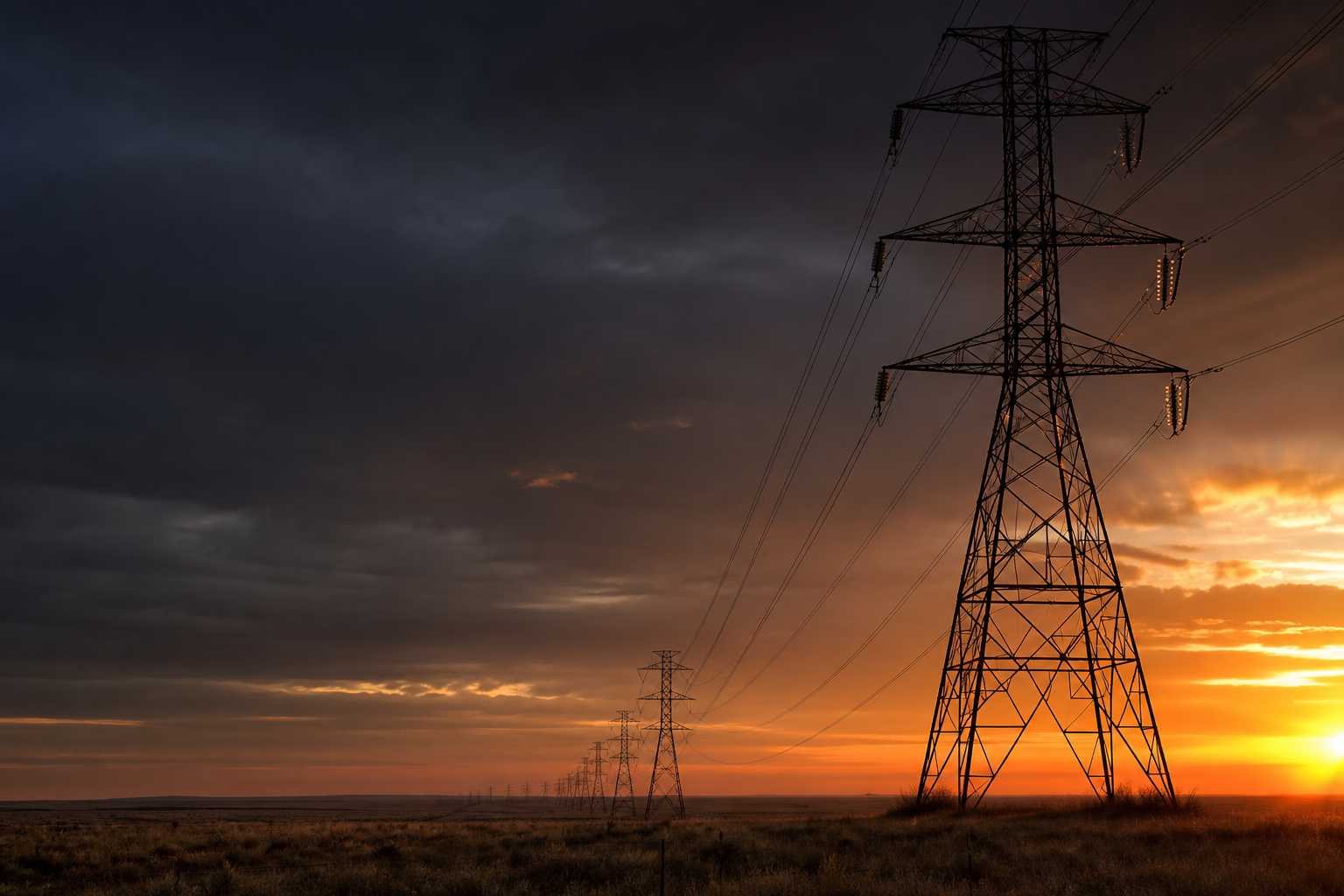 Transmission towers across the Texas plains at sunset