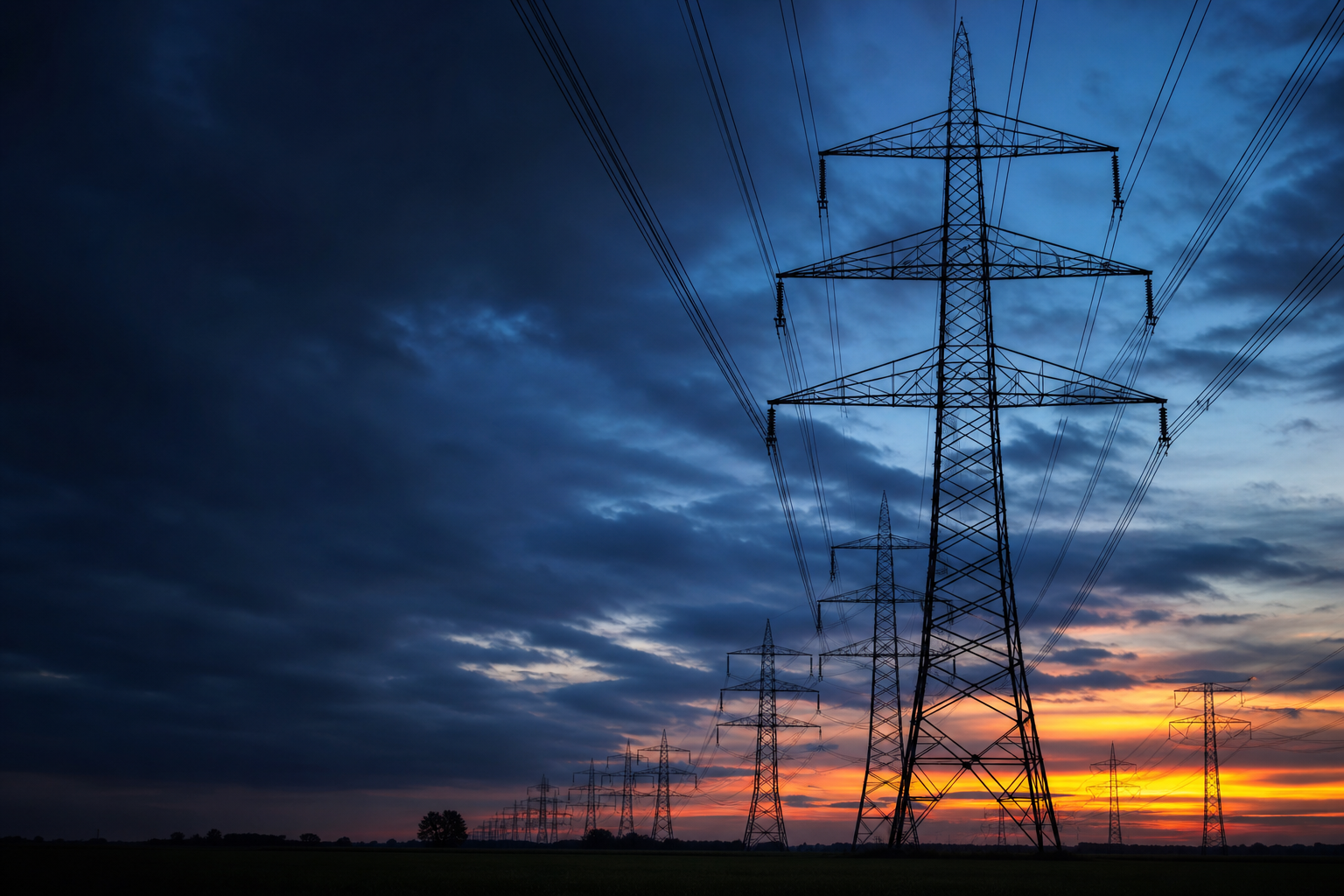Electrical pylons under a dramatic twilight sky