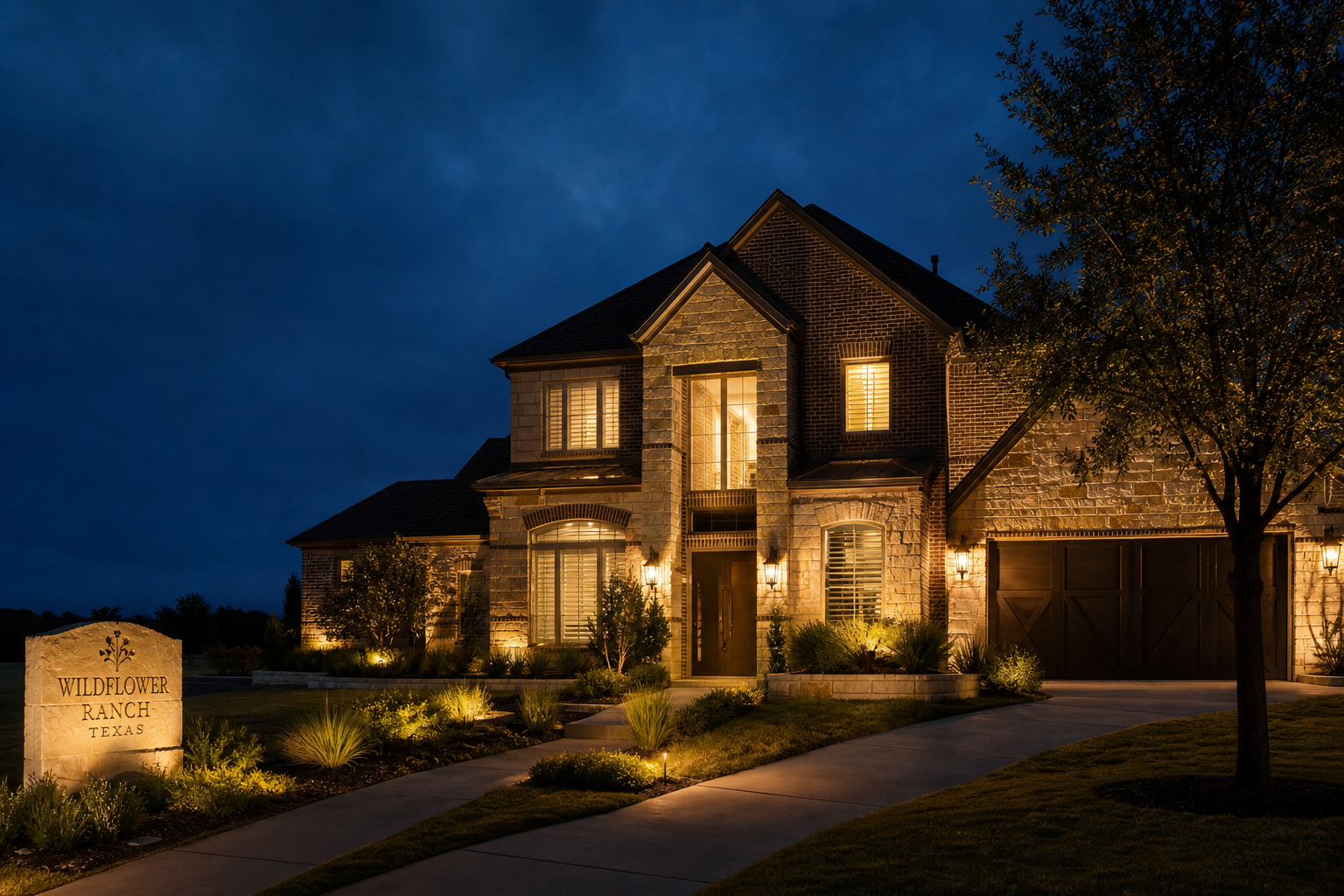A Texas home warmly lit at night