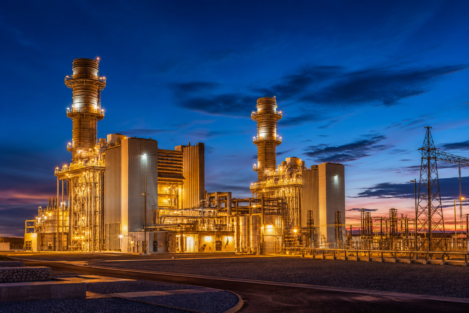 Power generation plant lit at dusk
